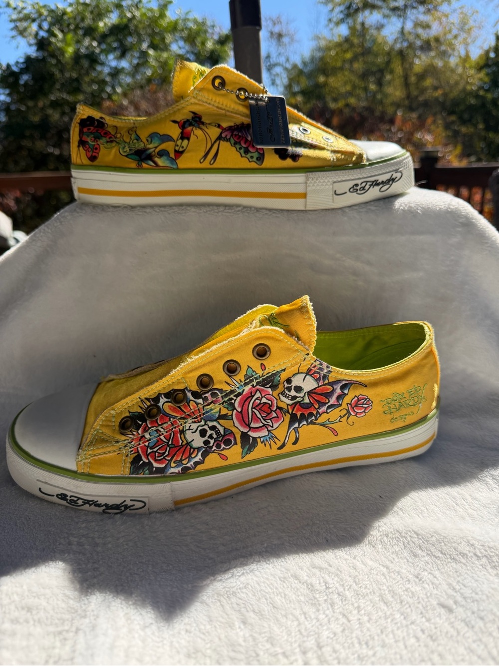 VTG Ed Hardy Laceless Canvas Sneakers Yellow Skull Rose Tattoo Slip On Size 10